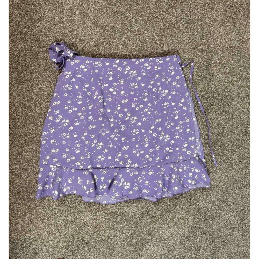 Naggoo Purple Floral Wrap Mini Skirt Ruffle Hem Daisy Print Size L NEW